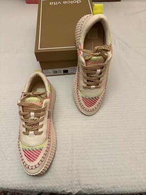 Dolce Vita Cream Sneakers with Pink and Neon Yellow Accents - size 12